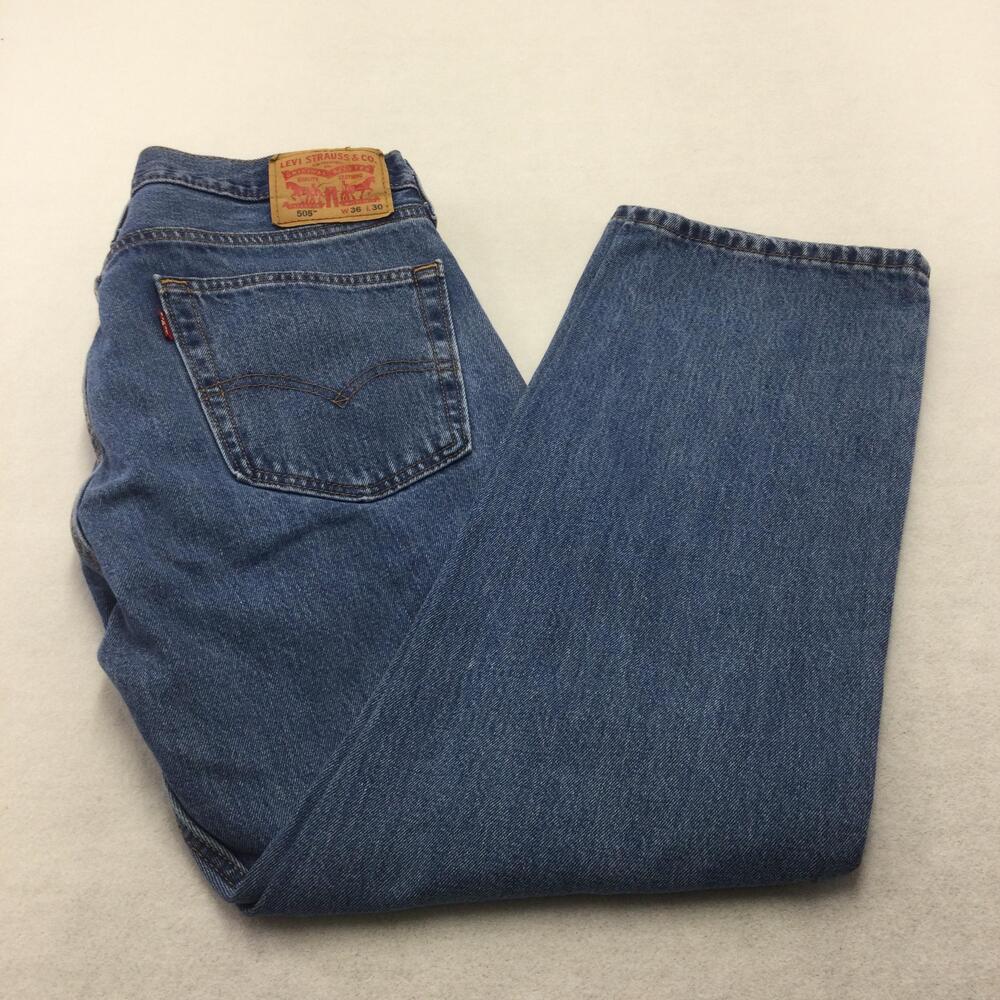 Levis 505 Jeans Mens 36x30 Blue Medium Wash Straight Leg Denim Zip Fly Casual